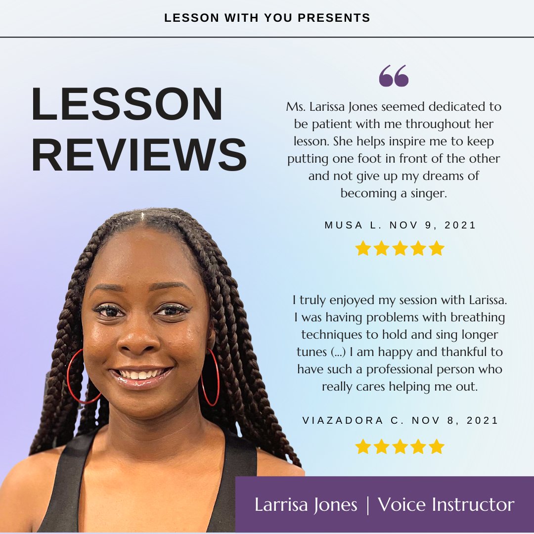 LessonWithYou's tweet photo. Discover why LWY voice students are extremely satisfied with Larissa's professional singing lessons! 👏

#Review #singing #musiclessons #customerreview https://t.co/nQp4zL3mlA