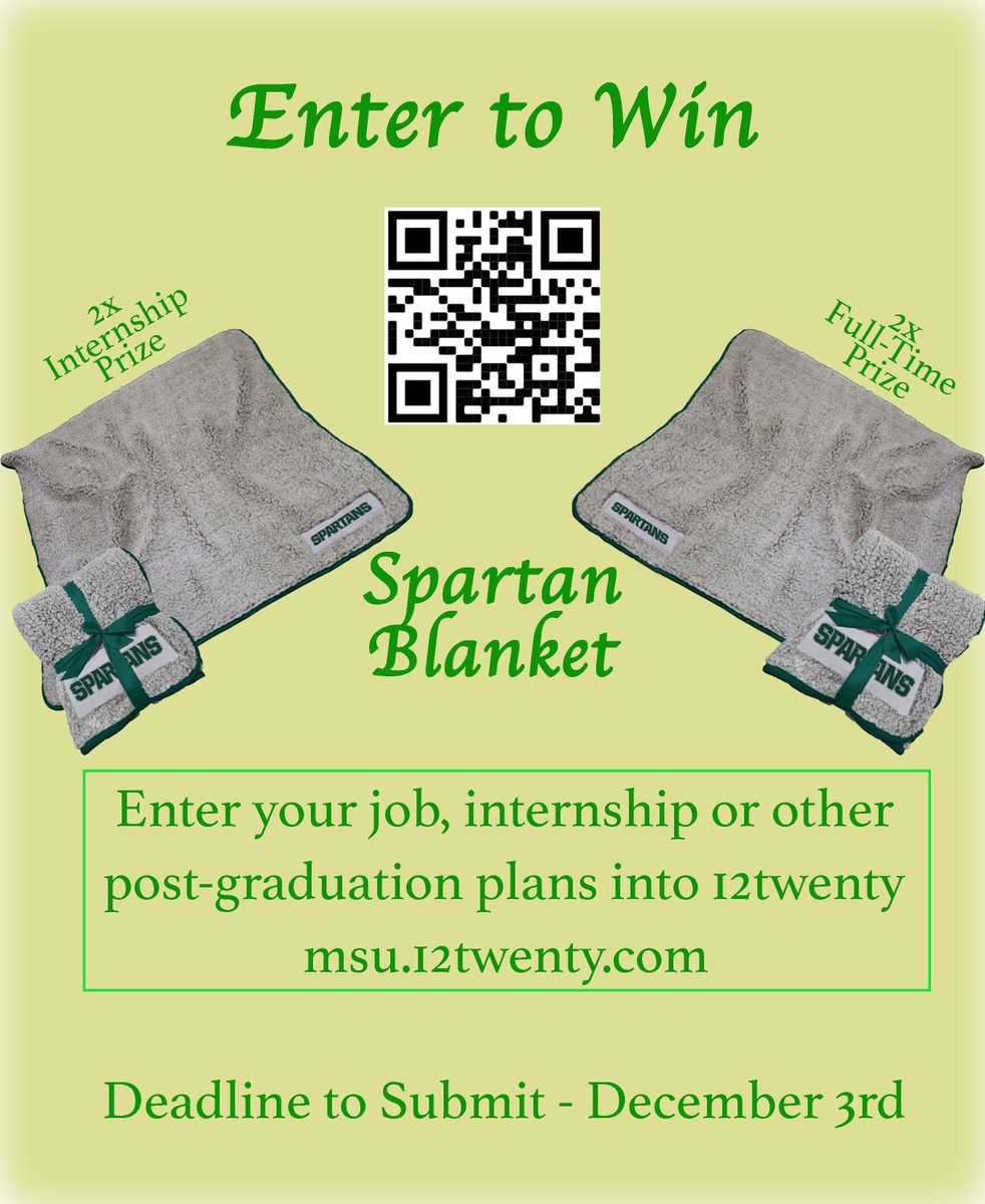 RecruitMSU's tweet photo. LAST CHANCE to submit your job, internship, or post-grad plans into 12Twenty! Click the link in our bio to enter for a chance to win a free blanket! https://t.co/S2q619hNRc