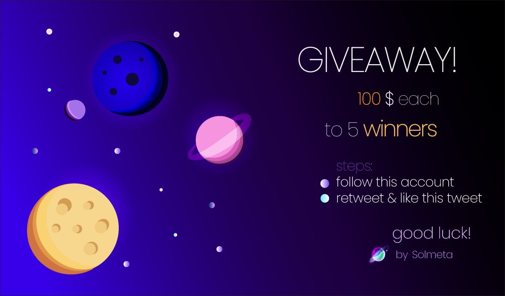 solmeta_io's tweet photo. 🔥$500 Giveaway!

🔹Follow us
🔹RT &amp; Like this tweet
🔹Tag 3 friends

🔸5 winners get $100 each!

⌛️Ends on December 6th at 3PM UTC!

$sol $bsc $axs $slp $btc $eth $bnb $axs $shib $sand #airdrop https://t.co/xyphlwocwI