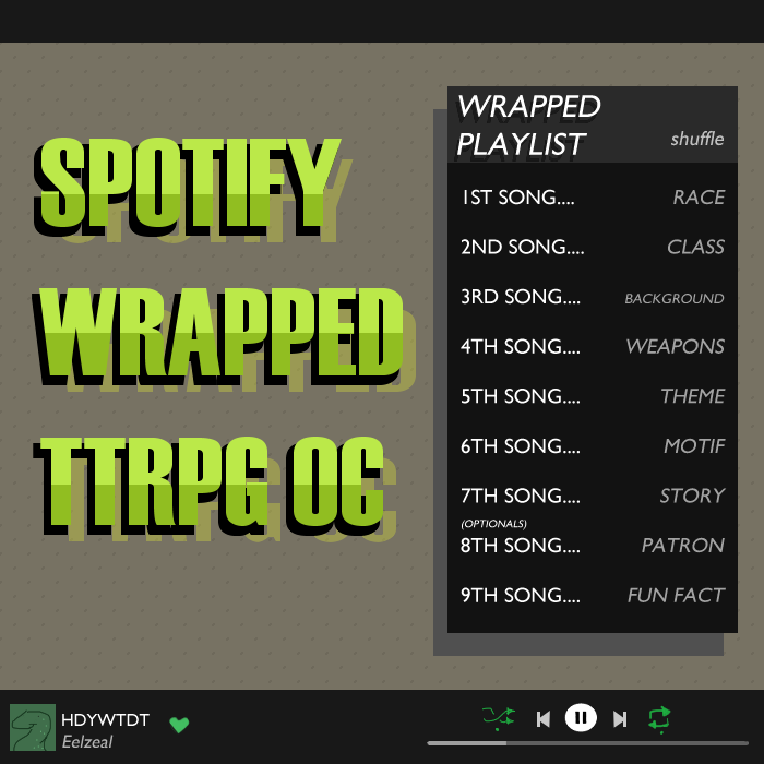 Eelzeal's tweet photo. Hey there! With Spotify Wrapped playlists out, I thought it'd be fun to make one of those "shuffle playlist" oc builders! Graphic design is my passion. Lemme know if you end up using it, I put an example as well in case anyone needs that! Have fun :) ! RTs welcomed !! https://t.co/mRDoqnsmG3