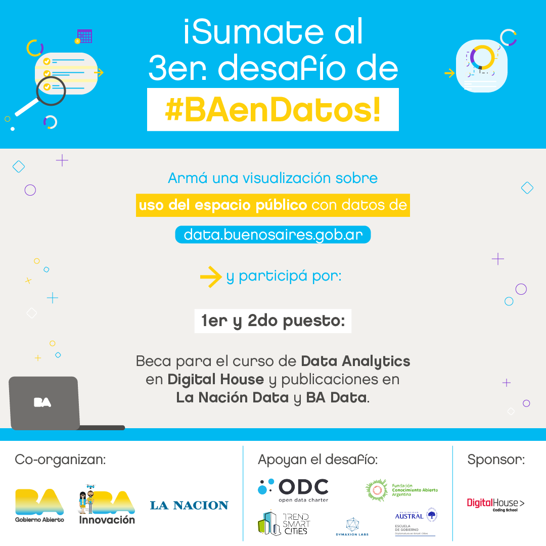 BAinnovacion's tweet photo. 👩‍💻👨‍💻 Sumate al Desafío #BAenDatos 📊. Enviá tu visualización con datos de uso del espacio público y participá por becas para el curso de Data Analytics en @_digitalhouse y publicaciones en @LNdata  y BA Data. Tenés tiempo para anotarte hasta el 8/12. 
 
 ➡️https://t.co/MKt9NGjrWb https://t.co/2HsbM3wRZq