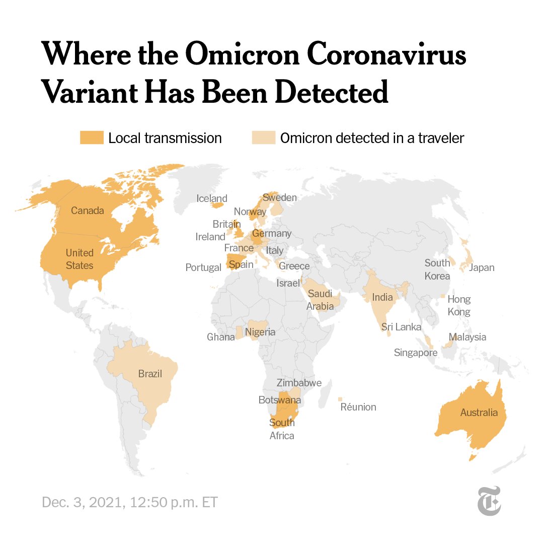 nytimes's tweet photo. On Nov. 26, the World Health Organization named the Omicron variant of the coronavirus a new variant of concern, even as questions about its impact remain. Track its spread here. https://t.co/lvIfCIa8rj https://t.co/hCtF6Og1p6