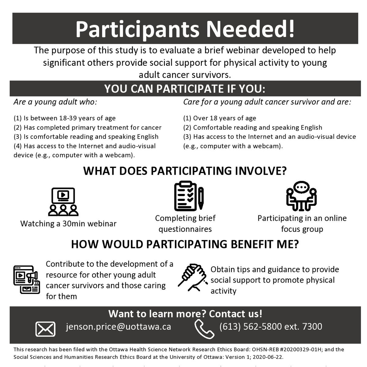 RESEARCH STUDY!

Are you or someone you care about a #youngadultcancer survivor?

Our lab is conducting a study to evaluate a brief webinar to educate significant and caring others on providing social support for #PhysicalActivity!

#YACancer #AYACSM

More details ⬇️