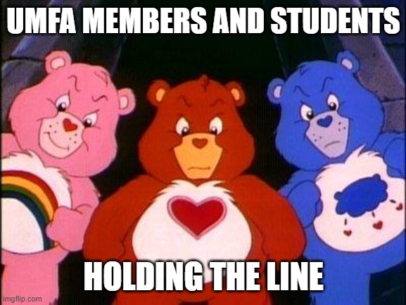 IsabelleKirouac's tweet photo. The video posted by @supportingumfa brought me a lot of joy today. @UMFA_FAUM members and students are clearly the ones who care about the quality of education at @umanitoba. And yes, Care Bears can be pissed.

#umfa2021 #uofmstrikememes #umfastrong https://t.co/XjKjs5ROfo