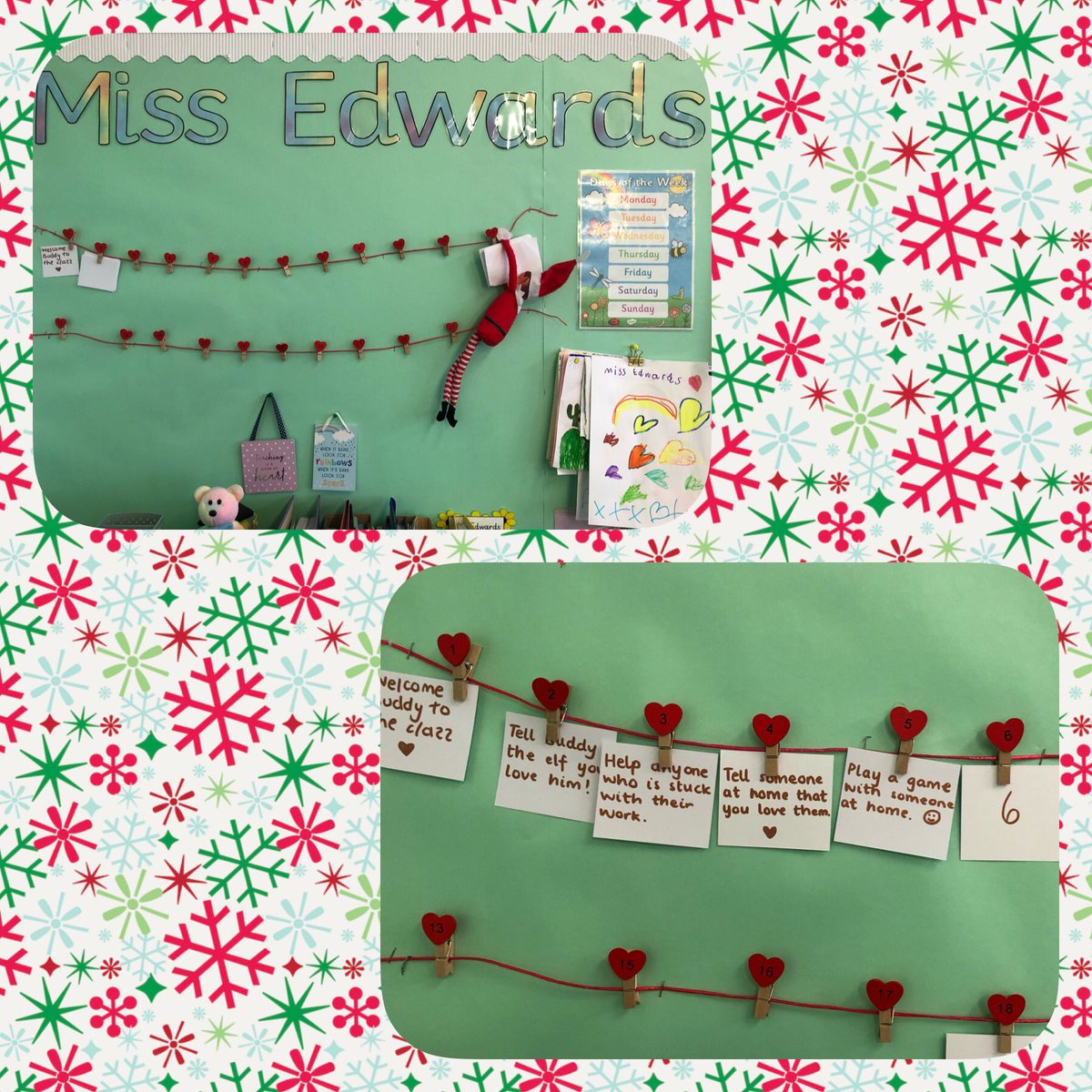 misscedwards's tweet photo. Elf on the shelf week 1: complete ✅😵‍💫😂 Christmas tree decorated, kindness advent calendar set up and a class survey conducted! 😆 #ElfOnTheShelf #ElfInTheClassroom #ChristmasIsComing 🎄⭐️ https://t.co/6MttBrPSqd