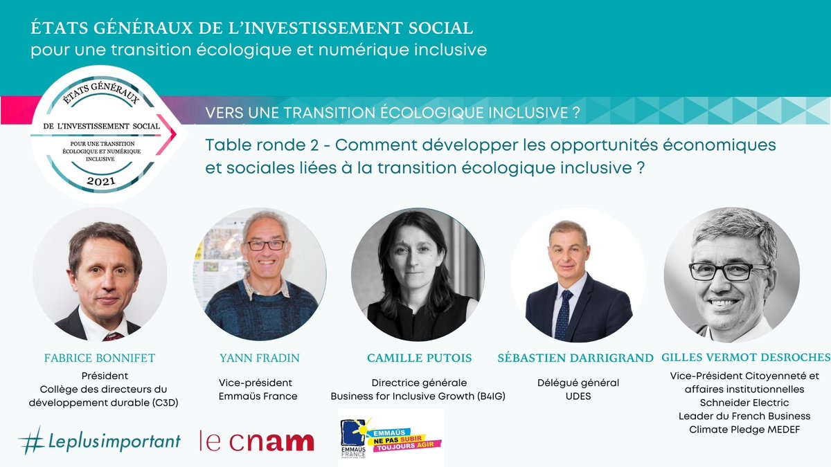 EGinclusion's tweet photo. 📢Nous vous présentons la 2ème table ronde du colloque “Vers une transition écologique inclusive" du 08/12 de 9h50 à 10h45
Avec @FBonnifet du @c3_d, Sébastien Darrigrand de @UDESnationale, Yann Fradin de @emmaus_france, @CamillePutois de @B4IG_Coalition, @gillesvermotd du @medef https://t.co/JmQCG4pA1q