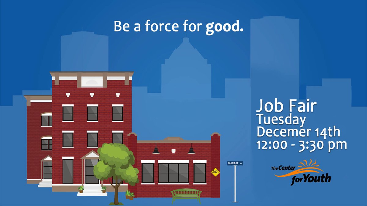 Center4Youth's tweet photo. The Center for Youth is hosting a Job Fair on Tuesday, December 14th, from noon - 3:30 with on-the-spot interviews. Positions range from direct service to leadership level, within residential, outreach &amp; counseling, at 905 Monroe Avenue. https://t.co/cANPK8WAHc https://t.co/RAXRFGYECG