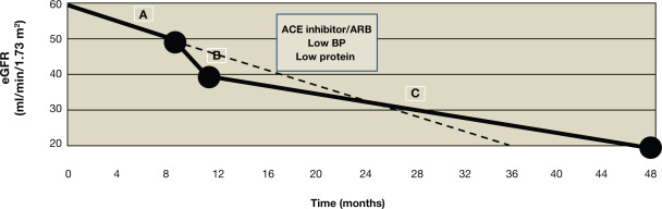 ACEi/ARB/ARNI initially ⬇️ eGFR

This is expected and a good thing

It is correcting a maladaptive response of kidneys in cardiorenal syndrome.

Why does it do this???

(dark line ACEi/ARB dotted line placebo)

doi.org/10.1038/ki.201…