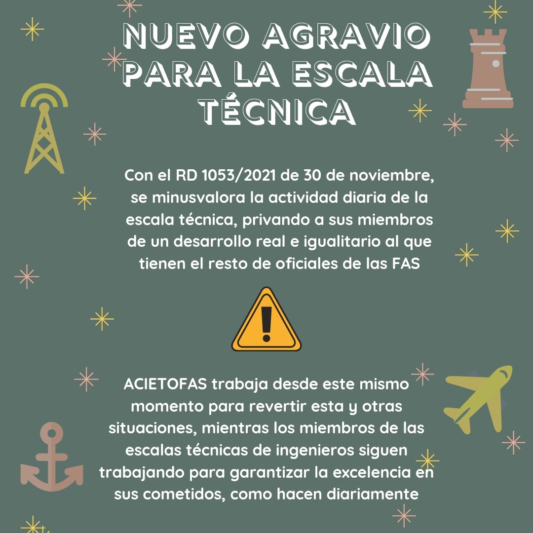 acietofas's tweet photo. ⚠️Con la publicación del RD 1053/2021, 30 NOV, nuevamente se minusvalora cientos de Ingenieros Técnicos de las FAS en puestos de gran responsabilidad, privándonos del desarrollo real de nuestra carrera profesional.
@Defensagob @ejercitodetierra @armadaesp @ejercitodelaire https://t.co/xGd9u9cEA5
