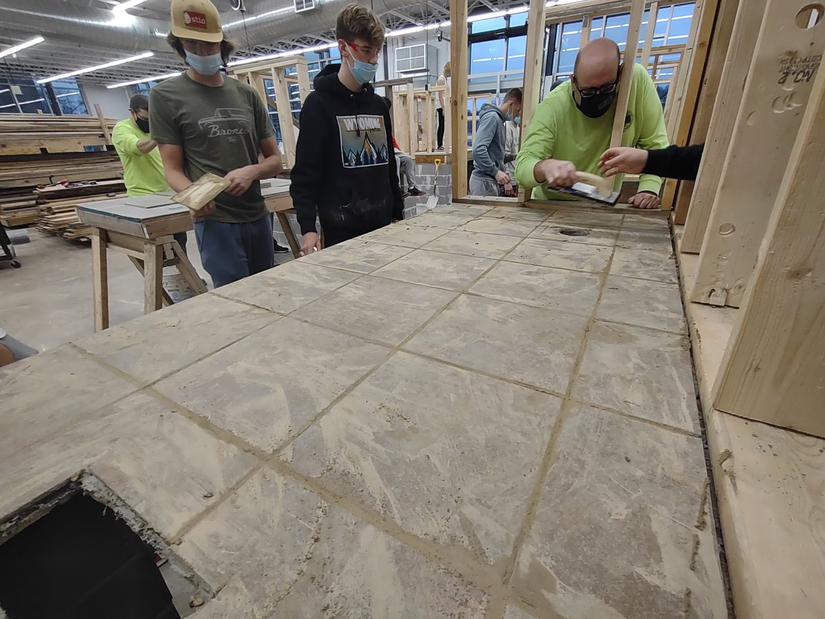 MrGriffie's tweet photo. Day 4 of Floor Tile on the #HalfBathTE.  LAUNCH Ss finished up the grout and then had a performance test opportunity with @MikeHyatt18.
The 5 categories students were assessed on were: Lippage, Step, Trowel Direction, Cleanliness, &amp; Coverage. Check out the Coverage in that pic! https://t.co/D3HTYAHQ9K