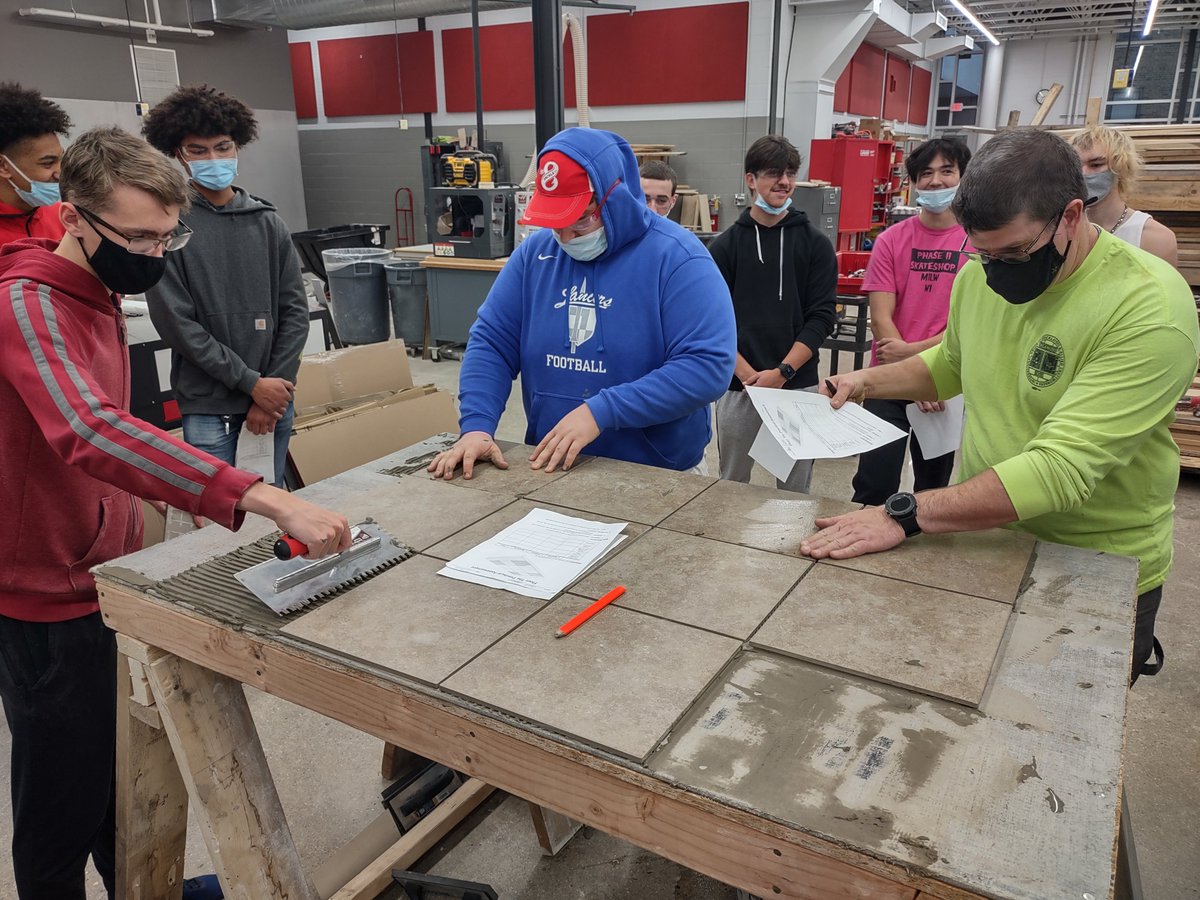 MrGriffie's tweet photo. Day 4 of Floor Tile on the #HalfBathTE.  LAUNCH Ss finished up the grout and then had a performance test opportunity with @MikeHyatt18.
The 5 categories students were assessed on were: Lippage, Step, Trowel Direction, Cleanliness, &amp; Coverage. Check out the Coverage in that pic! https://t.co/D3HTYAHQ9K