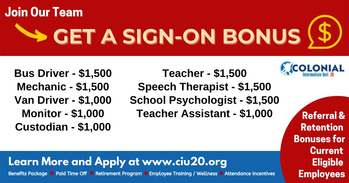 📣We're still hiring for student service and transportation jobs!  

Apply at ciu20.org/bonus/

Referral &amp; retention bonuses for current eligible employees too!

BTW we still have all the awesome perks and benefits.

It's a great time to work for CIU 20! #AmazingIU20Staff