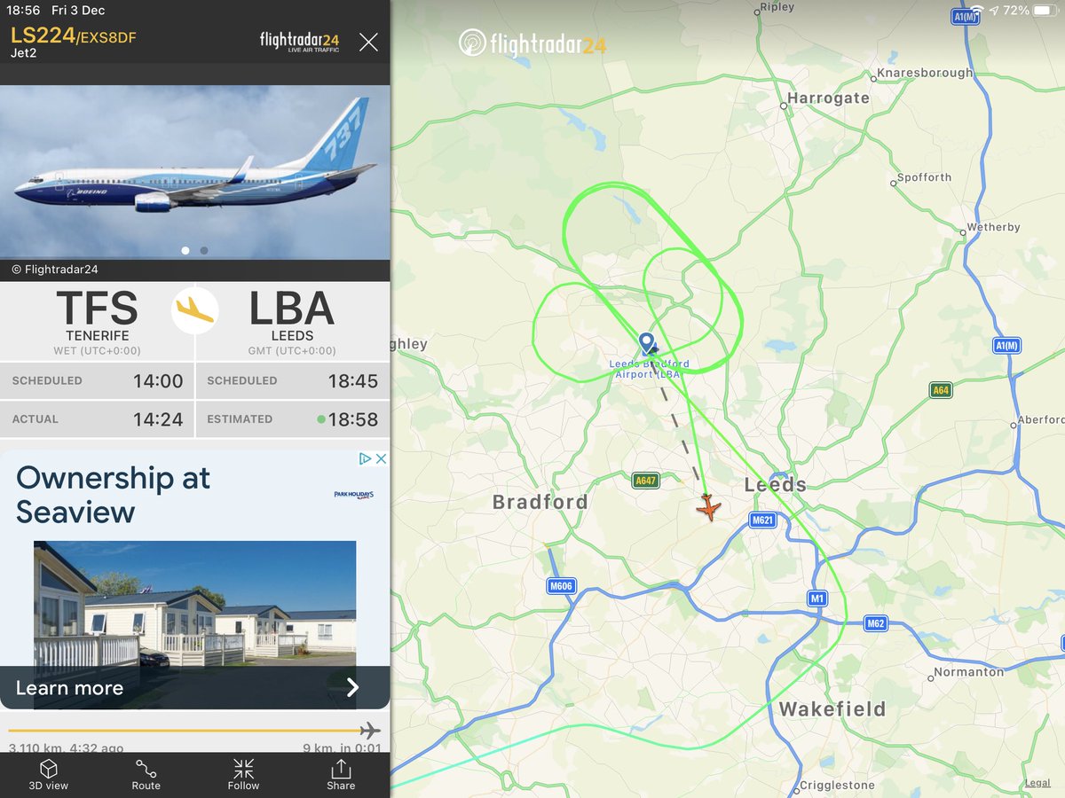 Peterwarduk's tweet photo. @scottiebateman Jet 2 LS224 Tenerife to Leeds takes up hold due to them being unable to extend the flaps to the landing position. They are requesting fire services on landing due to main gear brakes overheating. https://t.co/E1UCwCjaAH