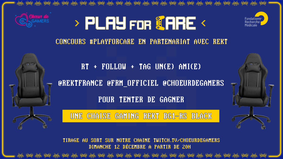 choeurdegamers's tweet photo. 🎁 #Concours #PlayforCare
Pour illuminer ce beau mois de décembre #REKT #CDG #FRM vous organise un concours pour tenter de gagner une chaise de gaming REKT.

Pour participer : 
👉🏼 RT + Follow @REKTFrance @Choeurdegamers et @FRM_officiel + tag un(e) ami(e) 
🎟 TAS le 12/12 à 20h https://t.co/X47qgvJSWI
