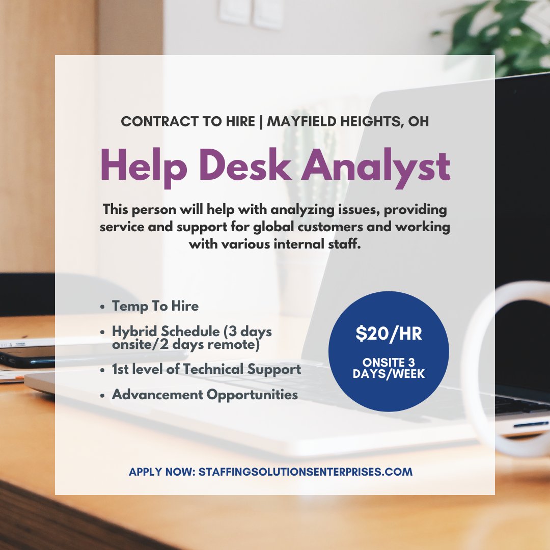StaffSolEnt's tweet image. We are looking for someone to fill this Help Desk Analyst role in Mayfield Heights! The hybrid schedule and career advancement opportunities make this an awesome opportunity this winter! 

Learn more &amp;amp; apply now: ow.ly/SQFu50H39C9
