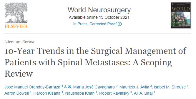 AliBaajMD's tweet photo. Great job @JoseOrendayMD and team for highlighting this important trend towards MIS treatment of spine mets. In this patient population, perhaps more than in any other, care has to be thoughtful and surgical footprint has to be precise. @WorldNeurosurg @uazmedphx https://t.co/ZHvOJW46HH