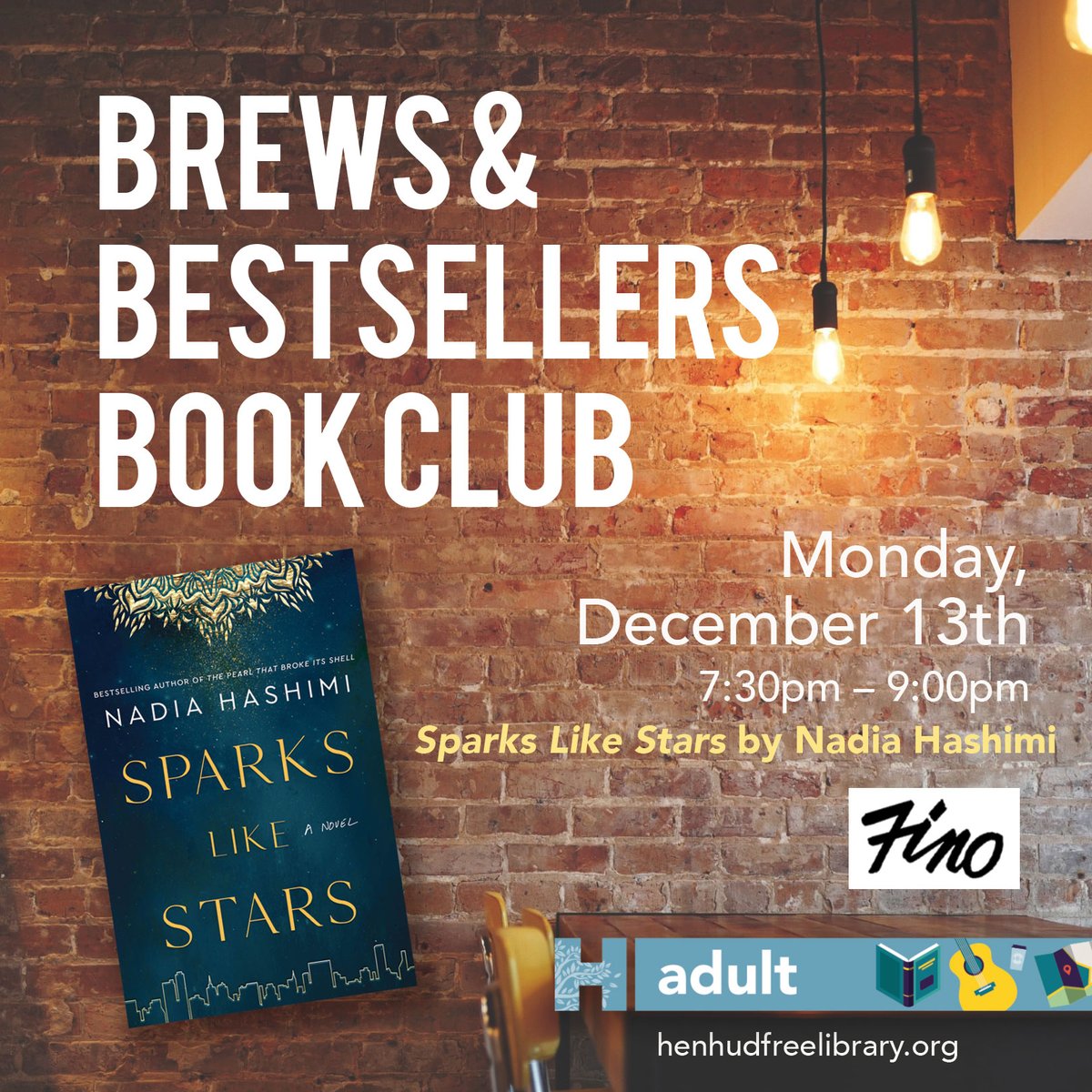 HenHudLibrary's tweet photo. Visit our website to register and check out your copy of the book at our Circulation Desk at the library today. Ebook and audiobook available on Libby/Overdrive.

#brewsandbestsellers #bestsellers #bookclub 
#sparkslikestars #nadiahashimi #reading #hhfl #library https://t.co/3XAwUawZYm