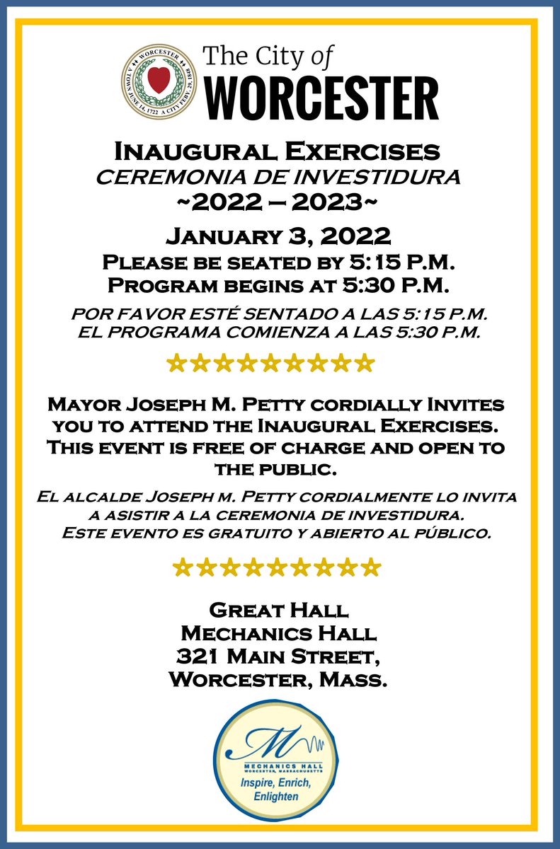 The Inaugural Exercises of the Worcester City Council and School Committee will take place Monday, January 3rd at <a href="/MechanicsHall/">Mechanics Hall</a>. Free and open to the public. Program begins at 5:30 p.m.