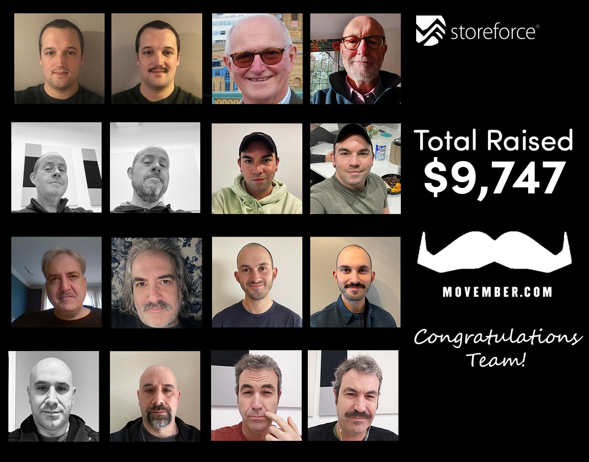 storeforce's tweet photo. Extremely proud of our Global @StoreForce team who raised $9,747 for @Movember 2021. Thank you to our Mo Sisters and Brothers for their contributions! Check out some of our Mo Bros below! Check out our global page here:
https://t.co/wEXkkjaEK5
#storeforce #Movember https://t.co/B3WpNSTQaD