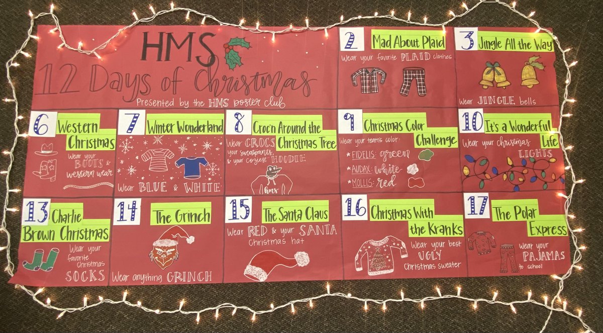 The HMS Poster Club presents the 12 days of Christmas! 
Be sure you're in school dress code and we hope to see everyone participate !🎄