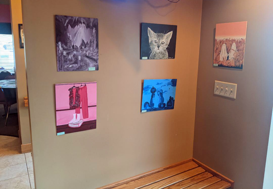 pthsonline's tweet photo. Check out the latest artwork at Bernardi's by PTHS Art II students - Emma Reichardt, Grace Rice, Claire Smith, Destiny Smith, and Holli Vuong!! https://t.co/skuy67ApxX