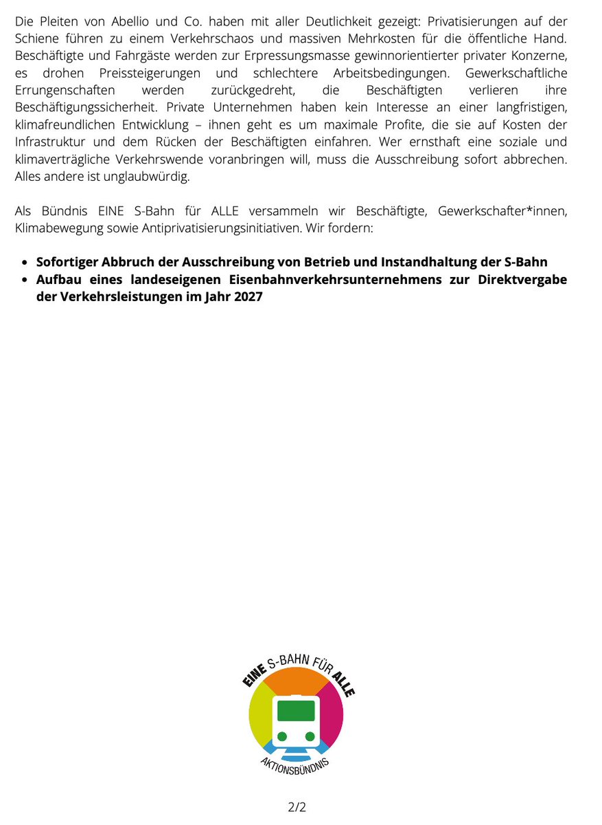 Kommunalisierung der S-Bahn gibt es nur mit Abbruch der Ausschreibung – alles andere ist Täuschung! 

Unser Statement zum Koalitionsvertrag von <a href="/spdberlin/">SPD Berlin</a> <a href="/dielinkeberlin/">Die Linke Berlin</a> <a href="/gruene_berlin/">GRÜNE BERLIN</a>