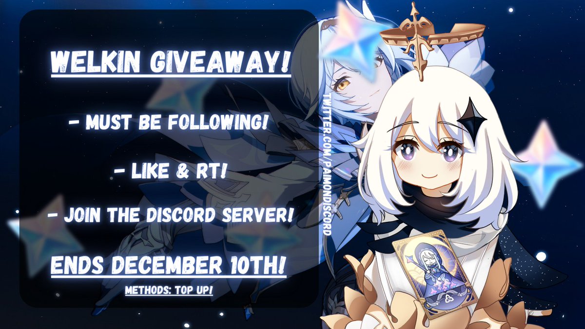 PaimonDiscord's tweet photo. ☄️WELKIN GIVEAWAY!☄️
Paimon thought it's time for a giveaway! She is giving away a Blessing of the Welkin Moon to 1 of you travelers!

- Must be following!
- Like + RT
- Join the Discord: https://t.co/wcSNWs6rzU

✨Ends December 10th✨

#GenshinImpact #genshingiveaway #genshintwt https://t.co/PV4JmjSInc