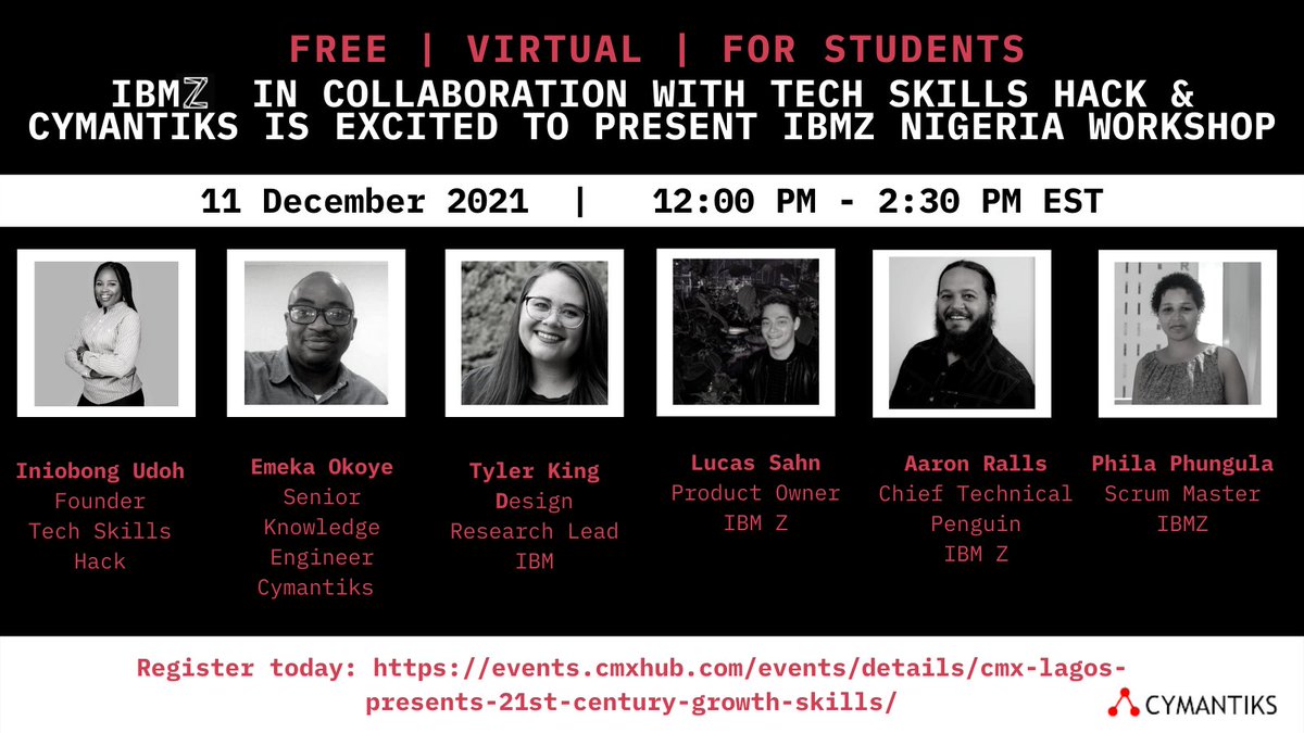 Don't miss out on our amazing speaker lineup on December 11 with <a href="/cymantiks/">Cymantiks Nigeria</a> <a href="/PhungulaPhila/">Phila Winnie Dlamini</a> <a href="/cajunAA/">Aaron Ralls - SDM ex-AMZN Alexa</a> <a href="/LucasSahn/">Lucas Sahn</a> <a href="/KingTyler13/">Tyler King</a>! We'll discuss #techskills #softskills and, much more for #students!
Register now:  events.cmxhub.com/events/details…