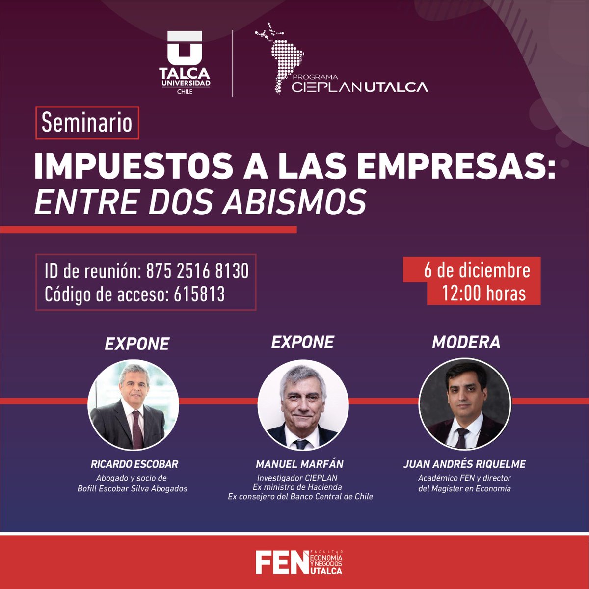 Cieplan y <a href="/fenutalca/">FEN UTalca</a> te invitan a "Impuestos a las empresas: entre dos abismos", con 
🔻Ricardo Escobar, abogado y socio de Bofill Escobar Silva Abogados
🔻Manuel Marfán, investigador #Cieplan
🔻Juan Andrés Riquelme, director Magíster en Economía #UTalca
bit.ly/impuestosaempr…