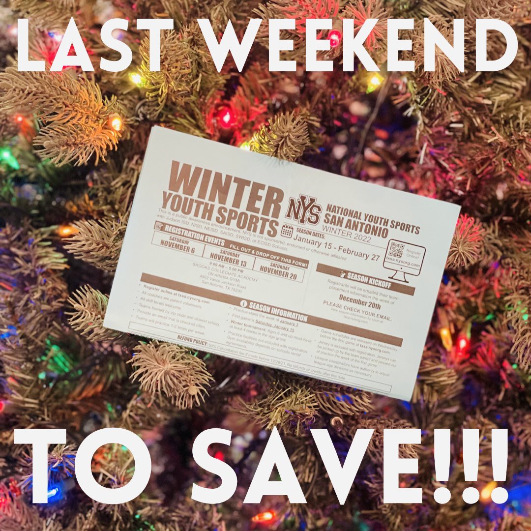 Early rate for winter sports ends Dec. 5th! Hurry to save the most on youth sports!! 

Visit: txsa.nysorg.com

#SanAntonio #sanantoniotx #satx #youthsports #sasports #sakids