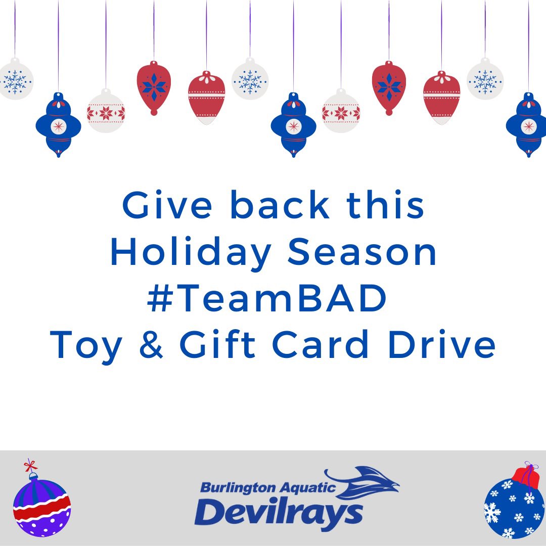 BurlDevilrays's tweet photo. THIS WEEKEND! 

Don’t forget it’s #TeamBAD Toy &amp; Gift Card Drive 🧸 

Together, we GIVE! 

Check team emails for more details. 

#SwimTeam #BurlON #SwimBAD #MiracleOnMain https://t.co/mCdoAC7pEA