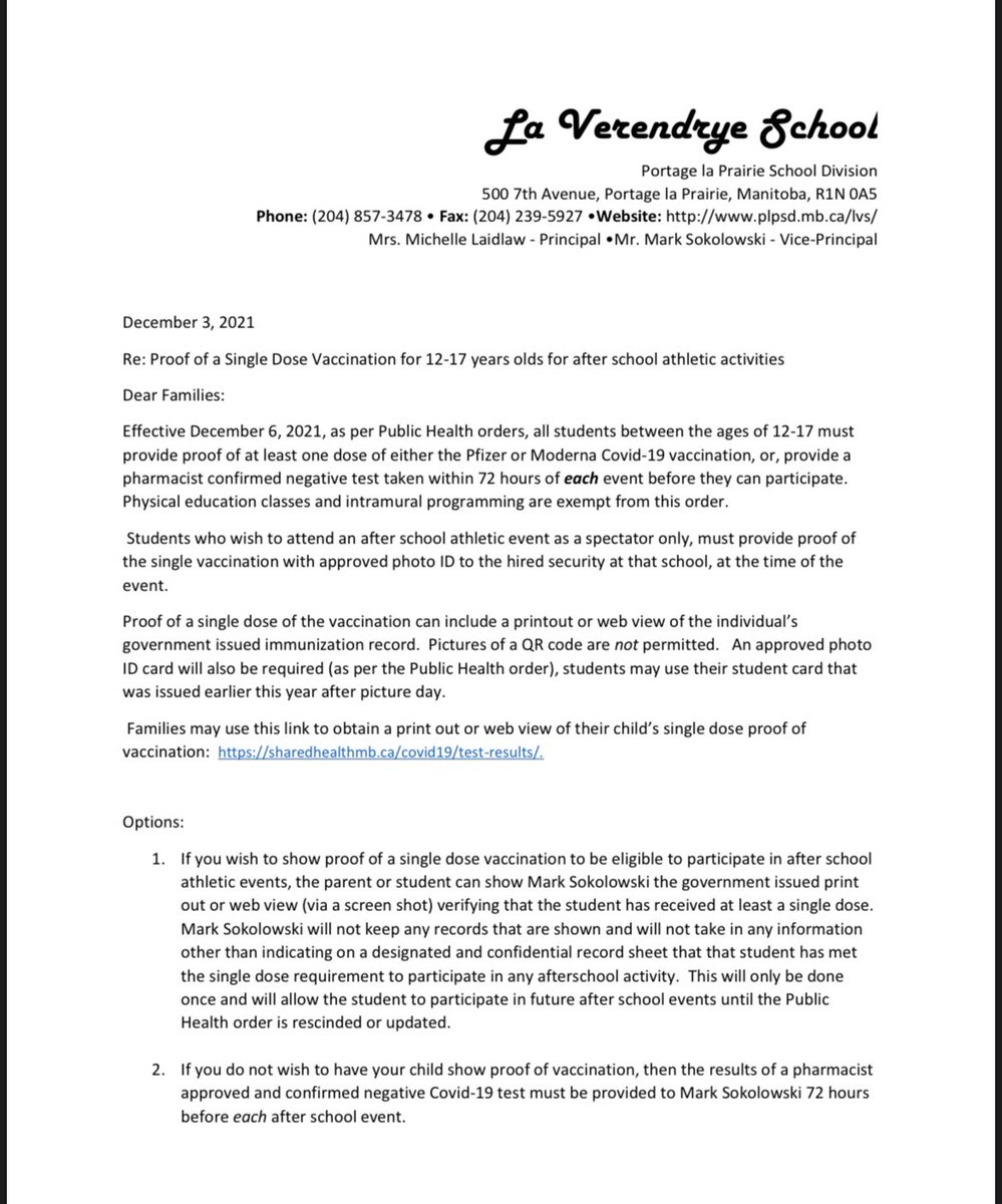 LaPortage's tweet photo. Effective December 6, 2001, all students 12 years and older must provide proof of at least one vaccination for Covid-19 or a negative pharmacist approved test every 72 hours before an after school athletic event.  Please refer to this letter for clarification. https://t.co/xsBgn0fsSs