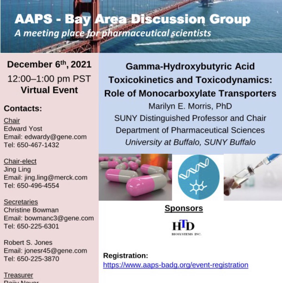 aapsbadg's tweet photo. "GHB Toxicokinetics and Toxicodynamics: Role of Monocarboxylate Transporters"
free, virtual event 12-1pm Pacific on Monday, December 6th, with Dr Marilyn E Morris, SUNY Disting Prof &amp; Chair, Univ. at Buffalo, SUNY Buffalo
Register for free at:
https://t.co/LscDZnRBc1 https://t.co/1BV00CcbwP