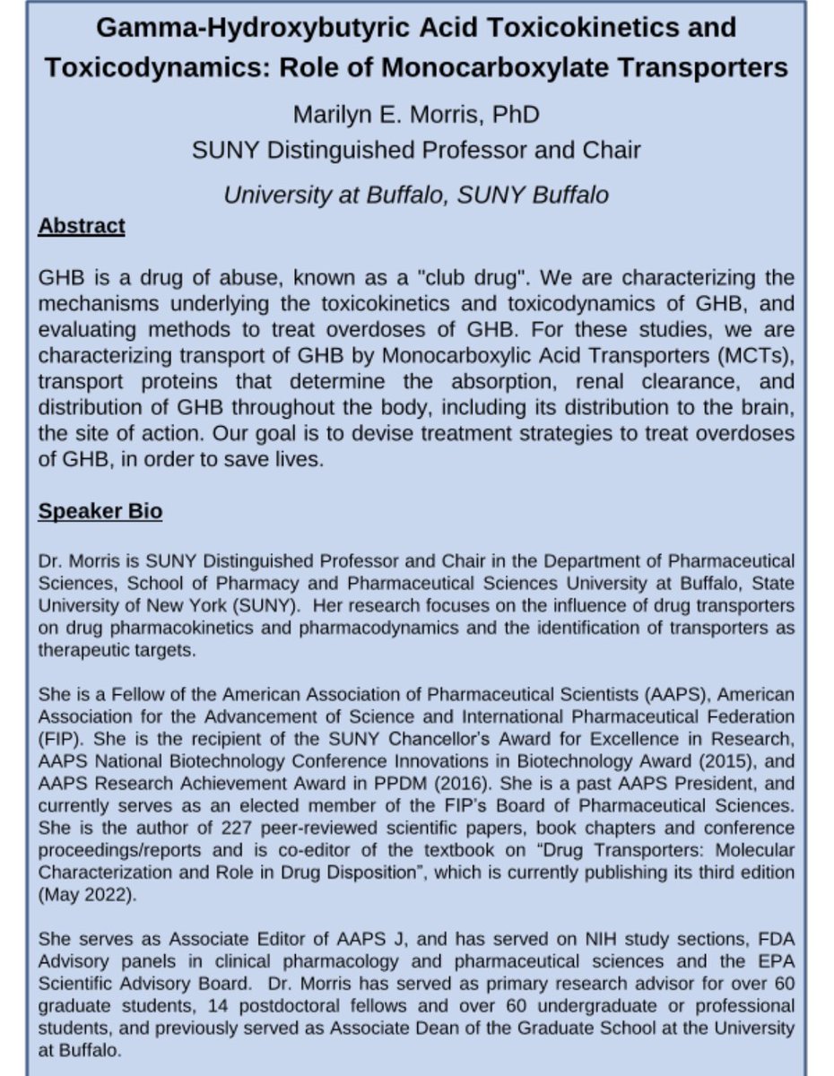 aapsbadg's tweet photo. "GHB Toxicokinetics and Toxicodynamics: Role of Monocarboxylate Transporters"
free, virtual event 12-1pm Pacific on Monday, December 6th, with Dr Marilyn E Morris, SUNY Disting Prof &amp; Chair, Univ. at Buffalo, SUNY Buffalo
Register for free at:
https://t.co/LscDZnRBc1 https://t.co/1BV00CcbwP