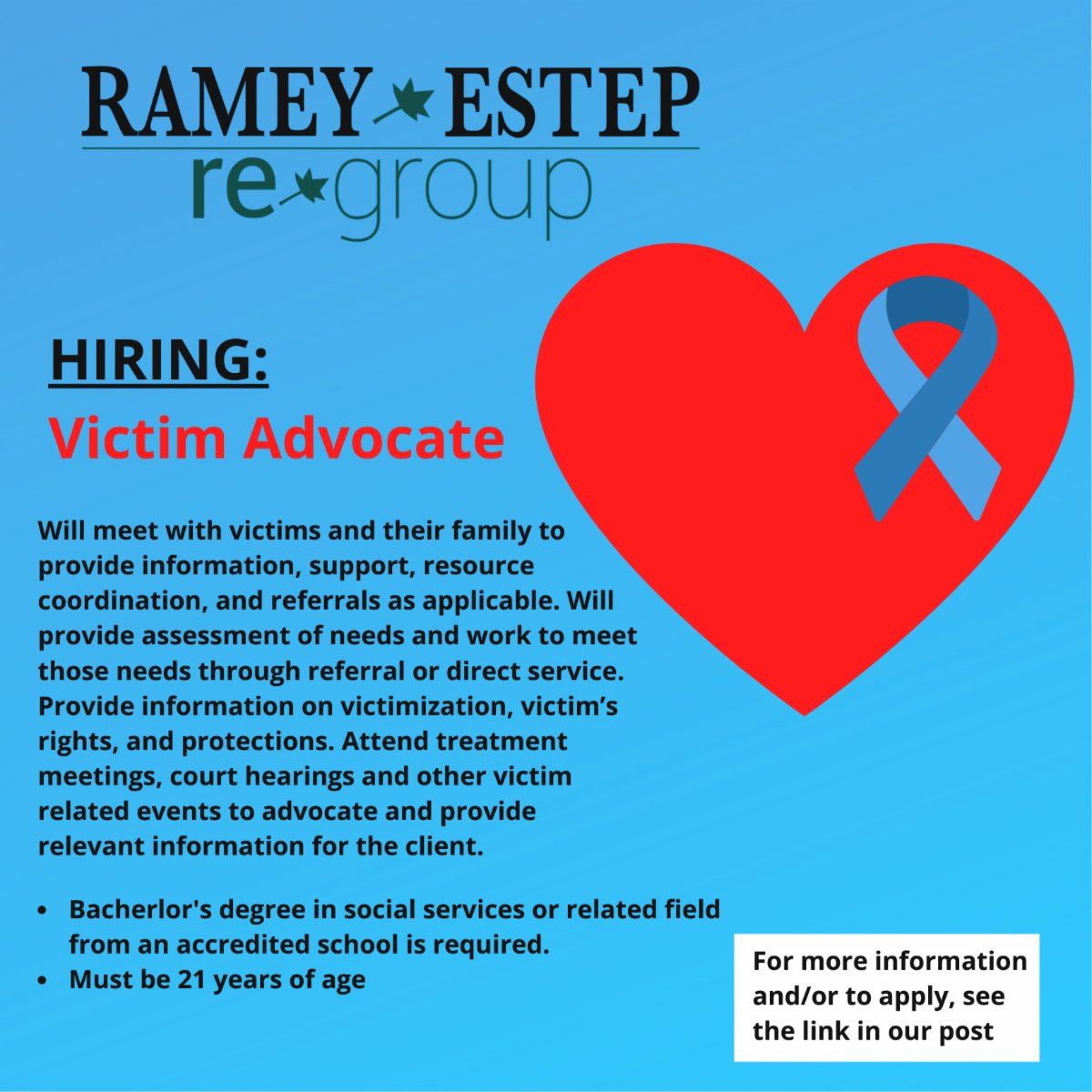We are hiring for a Victim Advocate!  For more information and/or to apply, please see the link below.

indeed.com/job/victim-adv…

rameyestep.com

#CreatingCareers
#VictimAdvocacy
