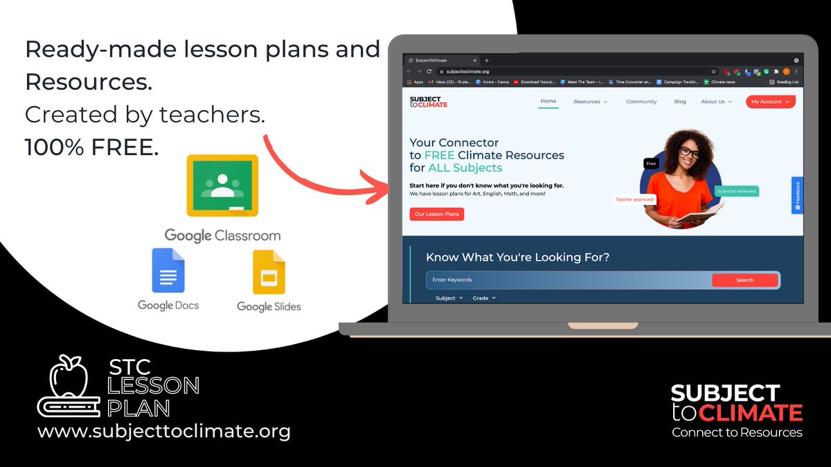 ClimateGenOrg's tweet image. Did you know? @subjecttoclimate has amazing #teaching resources for all subjects. You don&apos;t need to be a science teacher to be a #climateeducator. Get 100% FREE lesson plans, videos, slides, and more here: bit.ly/3F2dwuK
