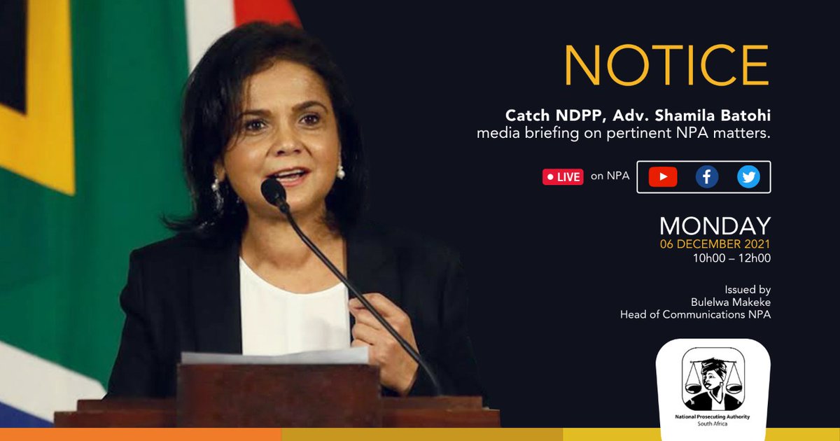 NPA_Prosecutes's tweet image. Join the live media briefing on our social media platforms
Twitter - @NPA_Prosecutes
You Tube -National Prosecuting Authority
Facebook - The National Prosecuting Authority of South Africa
