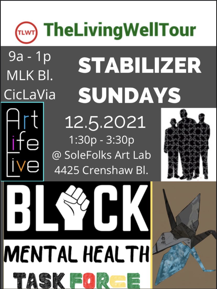 Stabilizing Sunday, Dec. 5th, 1:30-3pm.

Every first Sunday of the month.

@Solefolksartlab in Leimert Park
4425 Crenshaw Bl

PRESENTED BY @THELIVINGWELLTOUR

#mentalhealthadvocate #neurodiversity
@FightTheFunkPodcast

<a href="/paintedbrain/">paintedbrain</a> #outreach #resources #peertopeer #Calhope #Fema
