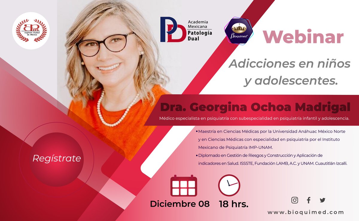 Bioquimedmx's tweet image. Forma parte de nuestro Webinar Gratuito "Adicciones en niños y Adolescentes" donde contaremos con la ponencia de la Dra. Georgina Ochoa Madrigal. Regístrate en el enlace bit.ly/2ZRtLfu ¡No te quedes fuera! #BioquimedCuidaTuSalud #webinar #adolescentes