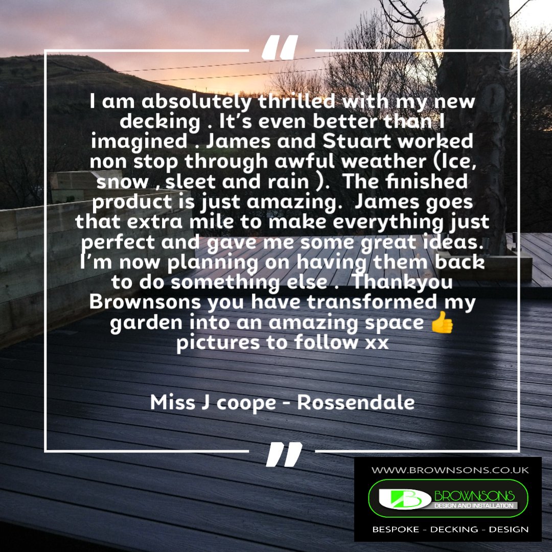 AndBrownsons's tweet photo. ⭐Fab Friday Review ⭐

"I am absolutely thrilled with my new decking"

#rossendale #decking #Brownsons #creatingspaces #garden #bespokedesign #bespokedecking #compositedecking #deckingspecialist #review #outdoors #outdoorlife https://t.co/yV5toYcupF