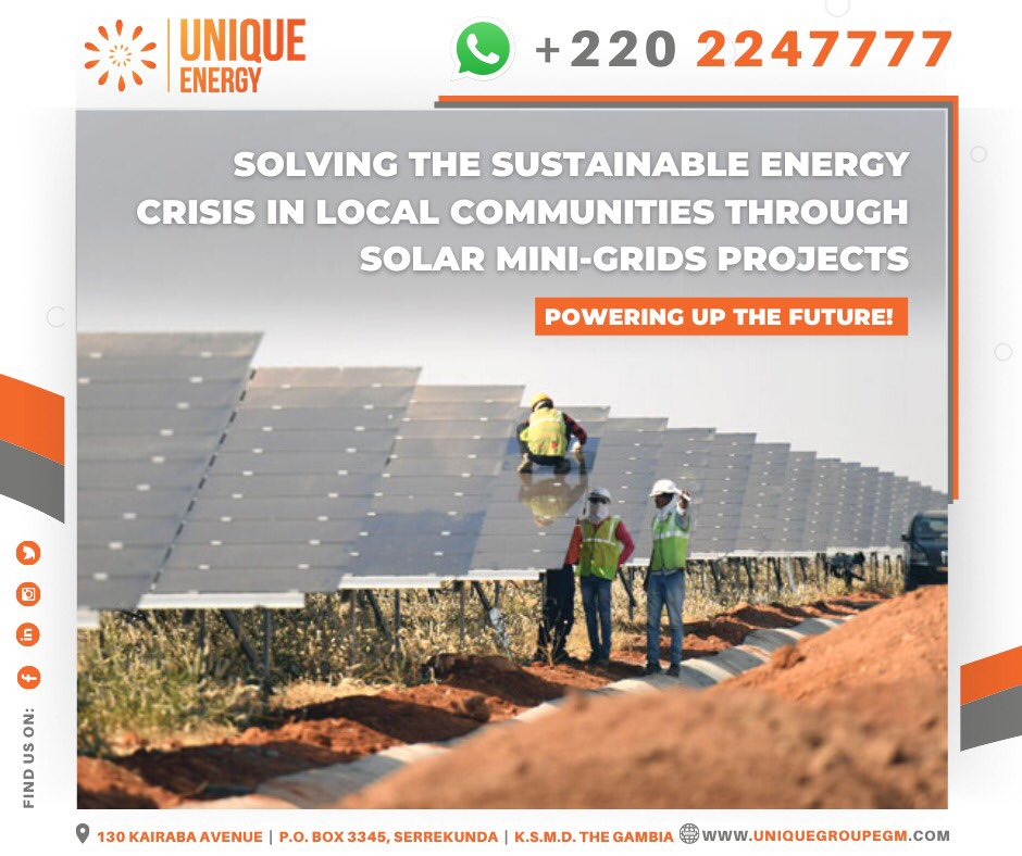 Unique_Gambia's tweet photo. Solving the sustainable energy crisis in local communities through solar mini grids project.
For enquiries;
Call us - +220 4390512
Email - info@uniquegroupe.com
Website - https://t.co/IAGjhXbTJx
.
.
.
#uniquegroup #uniqueenergy #uniquesolutions #uniqueglobal #uniqueindustries https://t.co/NsgoJ9T1dV