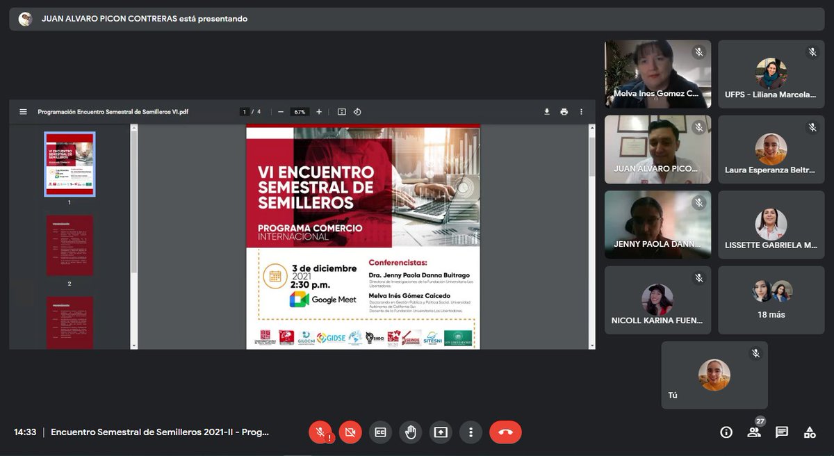 DirInves_FULL's tweet photo. En este momento la Dra. @jennydanna1 y nuestra #FULLDocente @MelvaGomez18 se presentan en el VI encuentro semestral de semilleros del programa de Comercio Internacional.
Agradecemos la invitación de @ComercioIntUFPS. https://t.co/Y3B00PncAb