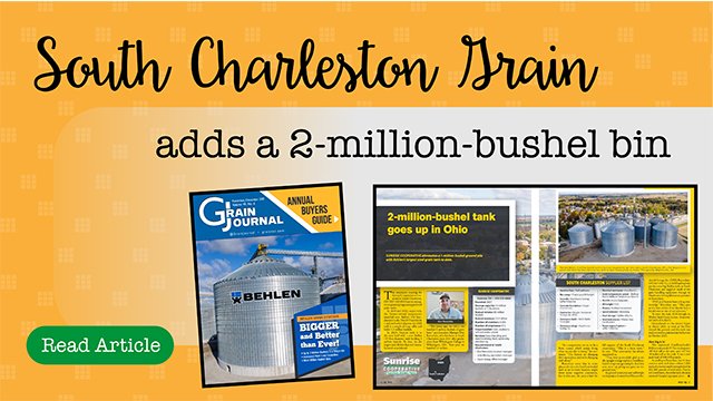 SunriseCoopOH's tweet photo. Our new 2-million bushel #grainbin at #SunriseCooperative South Charleston #Grain is featured in the Nov/Dec edition of the @GrainJournal magazine. Read the article here: https://t.co/1GAW4o70gN

#WhySunrise #SuccessGrowsHere #corn #soybeans #bin #Behlen https://t.co/zUyNWlkNgb