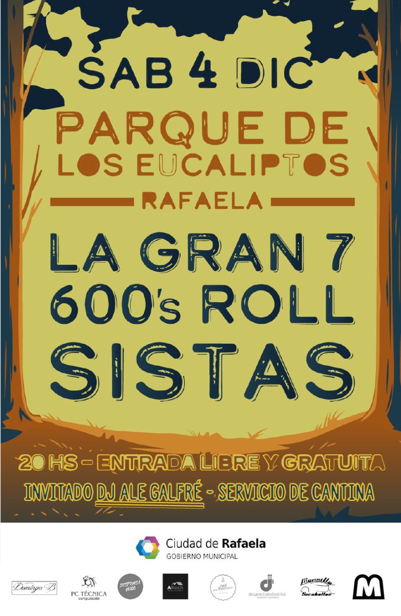 Qué manija! Mñn otra vez en #Rafaela
+ Sistas Pop &amp; Soul + 600´s Roll
DJ Ale Galfré
🌲Parque de los Eucaliptos (Roque Sáenz Peña y Av. Mitre) Entrada libre y gratuita - 20 hs.
#LG7SantaFe #Sista #600sRoll
🚌 #GiraQueValgaLaPena
6/11 #Esperanza ✅
4/12 #Rafaela 🎶
10/12 #SantaFe⏳