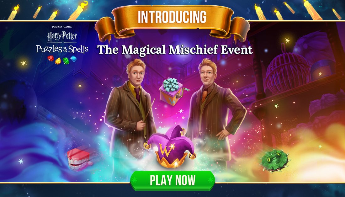 HPPuzzlesSpells's tweet photo. “I solemnly swear that I am up to no good!” Enjoy this fun-filled event and compete to become Mischief-Maker-In-Chief!
Play the #MagicalMischiefEvent NOW ➡️ https://t.co/yxExQ5XnOm
#HarryPotterPuzzlesAndSpells #Match3 #PrankBox #MischiefMakerInChief https://t.co/DfNHEkTTw9