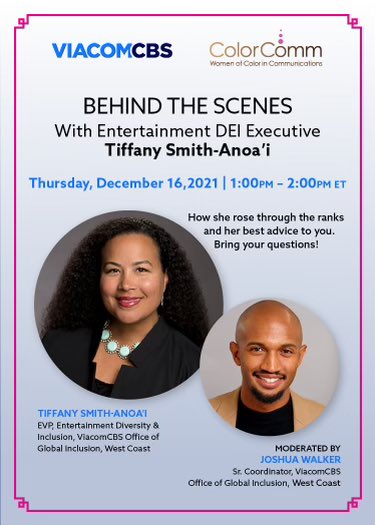 We’re excited to hear #ColorComm Board Member @TSmithAnoai as she shares how she rose through the ranks of the entertainment industry and her best advice. RSVP for Thursday, Dec. 16 at 1pm and bring your questions! 

RSVP: bit.ly/3DmupPF