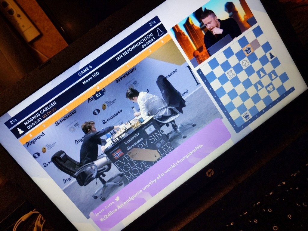 DevarshB007's tweet photo. Finally a spiced up game in the WCC. Win it, Magnus!
#c24live #move100 https://t.co/Ymh1nprwKk