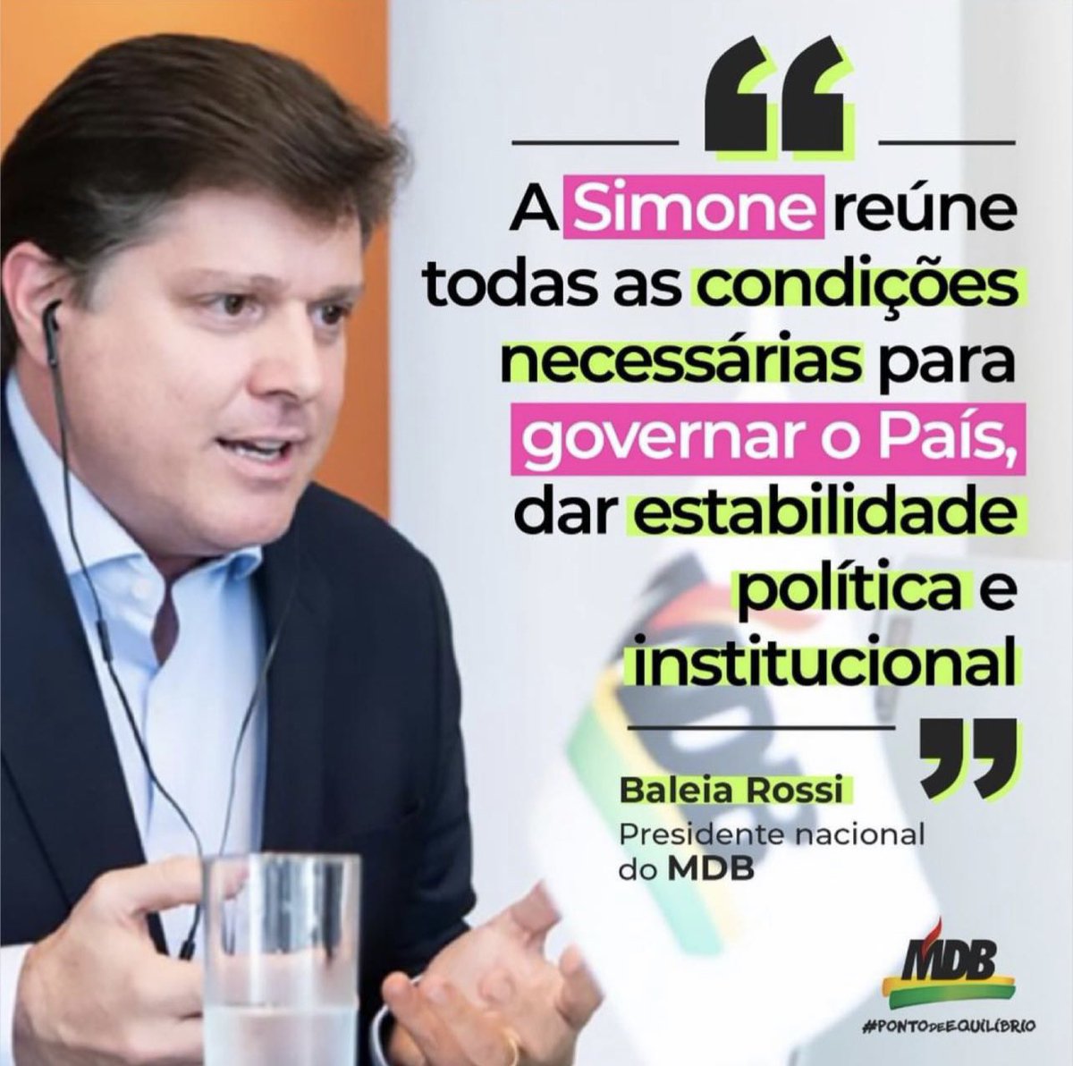 assisfilhoadvma's tweet photo. A @SimoneTebetms reúne todas as condições necessárias para governar o país, dar estabilidade política e institucional. 
- @Baleia_Rossi - Presidente do @MDB_Nacional https://t.co/JgaiPVo2G9