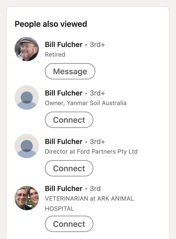 job search is going great. my linkedin profile is a hit with people obsessively searching for guys named bill fulcher. not sure what this will mean for me professionally but i'm playing the long game
