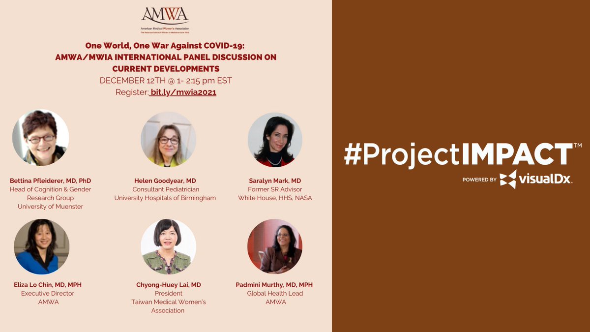 ProjectIMPACT__'s tweet photo. Join our collaborator @AMWADoctors @AMWAStudents on December 12 from 1-2:15p EST for their international panel discussion on dvelopments in the COVID-19 pandemic.
Link to register: https://t.co/ugbqQITdZh
#AMWA #WomenInMedicine #HealthEquity #COVID19 #MWIA #InternationalPanel https://t.co/dEylgdByxv